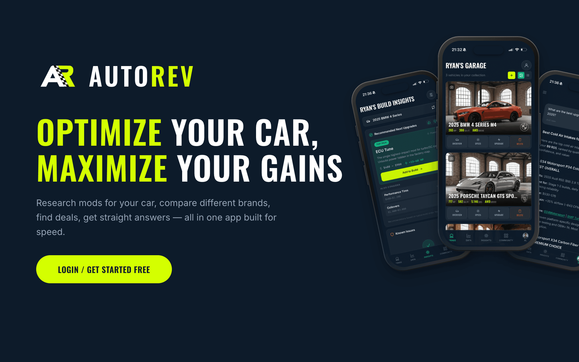 The AutoRev homepage — build planning for performance enthusiasts