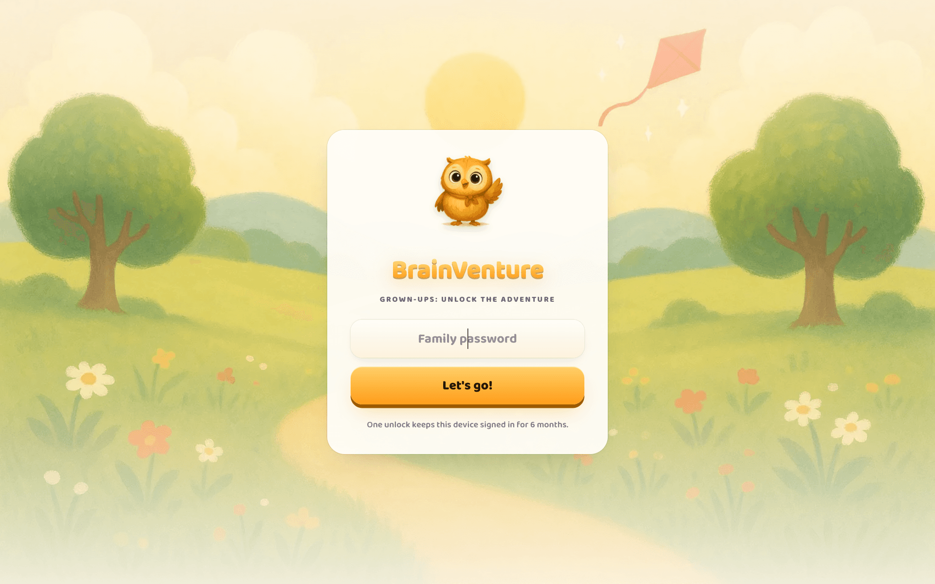The BrainVenture unlock screen — Brainy the owl in the meadow