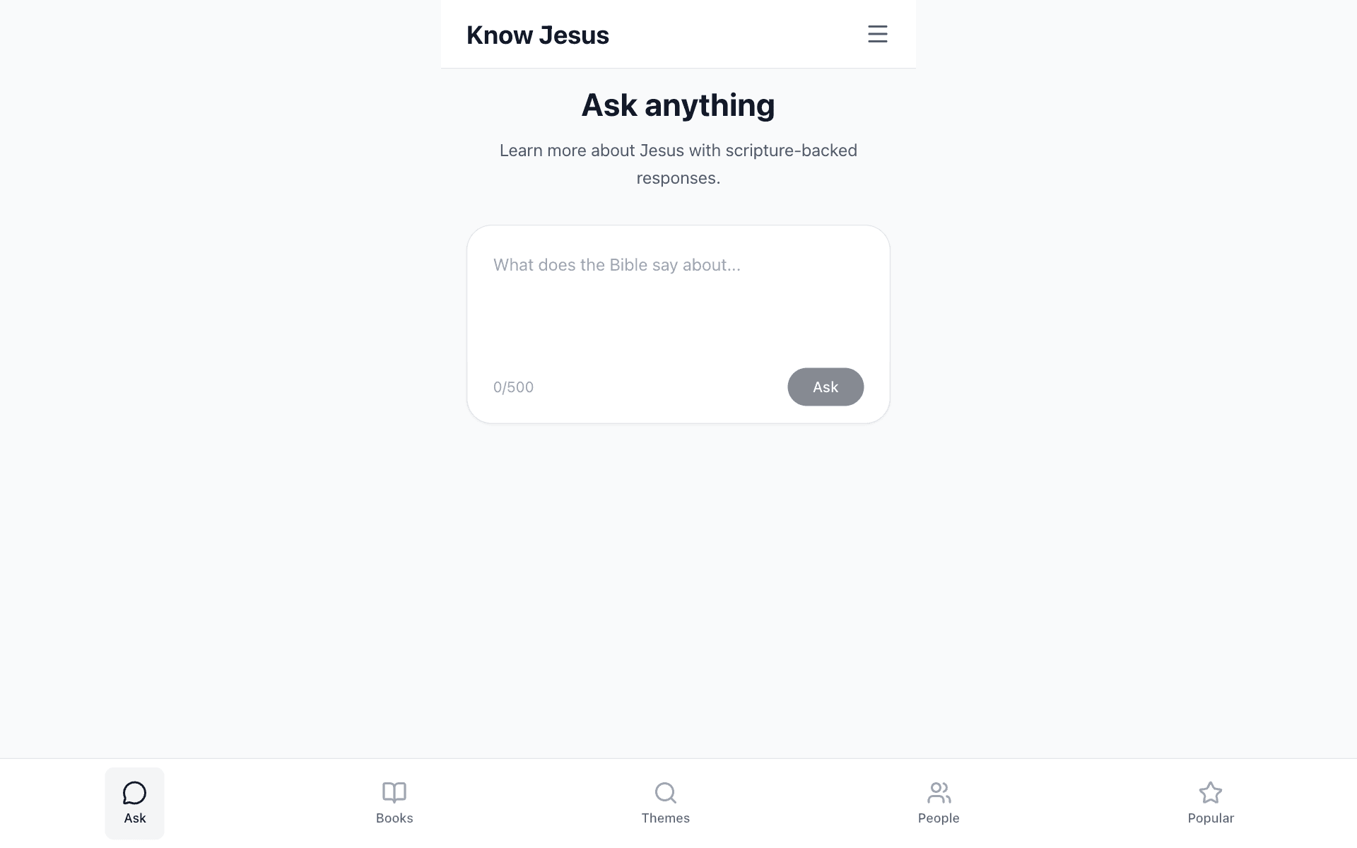The Know Jesus homepage — ask anything, scripture-backed answers