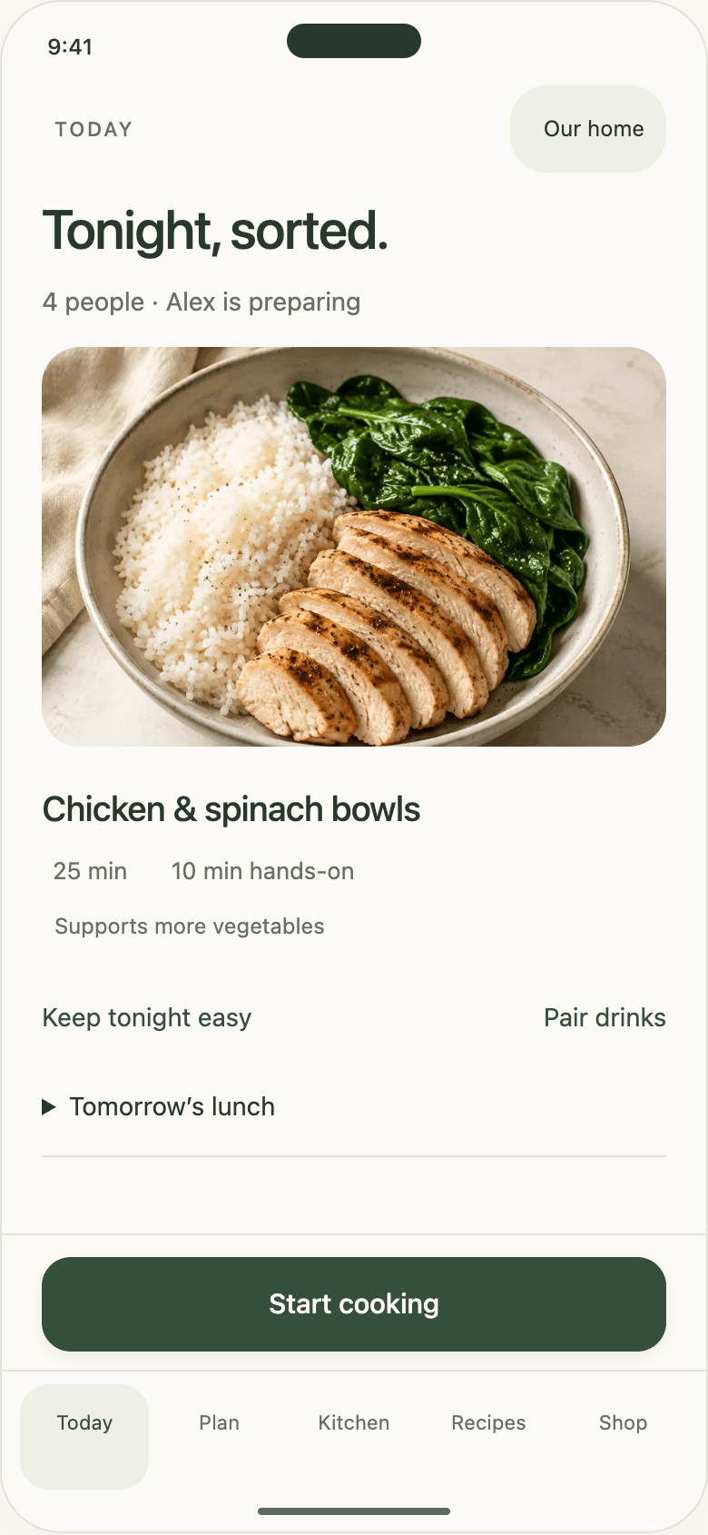 Food App phone wireframe: Tonight, sorted — sample household meal planning
